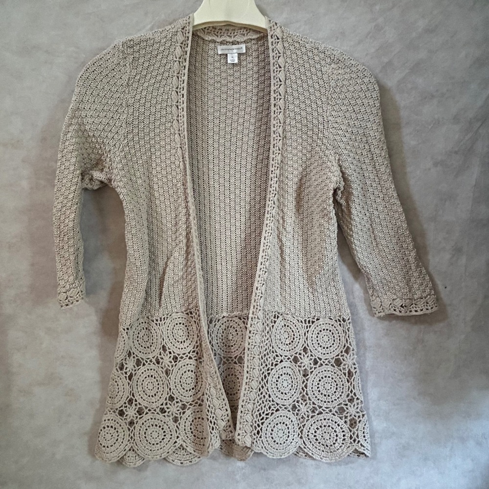 Christopher & Banks Beige Cotton Crochet Lace Hem Open Front Cardigan XL